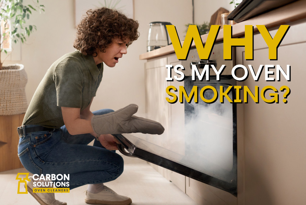 person opening their oven and lots of smoke coming out. In large writing the words why is my oven smoking? appear